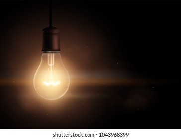 Light bulb is glowing in the dark. Retro background with copy space. Stock vector illustration.