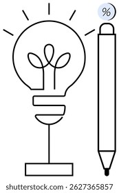 Bombilla con filamentos brillantes que simbolizan una idea, junto a un lápiz con un signo de porcentaje en su borrador. Ideal para educación, pensamiento creativo, innovación, resolución de problemas, análisis