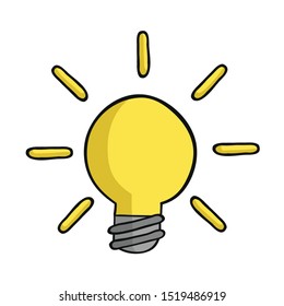 Light bulb glowing. Hand drawn. Black outlines and colored.