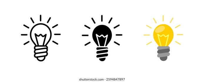 Light bulb glowing icon. Illuminated idea symbol. Electricity and energy vector illustration. Bright filament lamp pictogram. Innovation, creativity and inspiration concept.