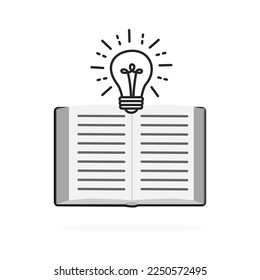 Light bulb with glowing rays and book. Energy and idea symbol isolated on white background. editable vector illustration greeting card design, patch, print, seal, poster.