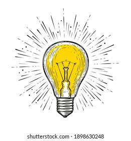 Light bulb glowing. Sketch draw vector illustration. Electric lamp symbol