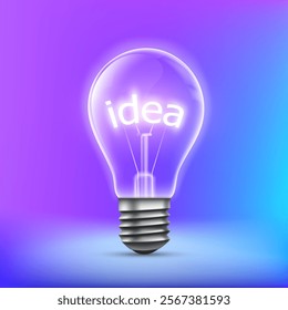 Light bulb with glowing word idea inside. Vector illustration