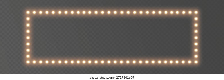 Glühbirne goldener Rahmen. Glitzer Luxus Dekoration. Rechteck-Banner mit goldener Lampe. Retro Neonwand-Plakatwand. Kino, Casino-Design. Spiegelhintergrund. Marquee Zirkus Vintage. Vektorgrafik.
