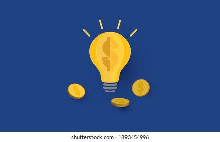 Light bulb with golden coin, Business idea light bulb, Concept inspiration business