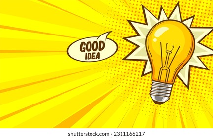 Light bulb with good idea text in cartoon style background