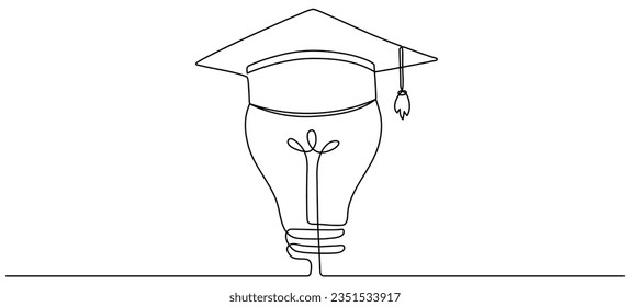 Lámpara de luz y tapa de graduación línea continua dibujada. Símbolo creativo de idea inteligente. Ilustración vectorial aislada en blanco.