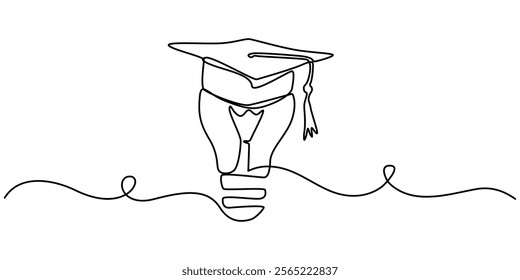 Light bulb and graduation cap continuous line drawn. Creative smart idea symbol. Vector illustration isolated on white, One continuous line drawing of Light Bulb with Graduation Hat. Lightbulb lamp. 