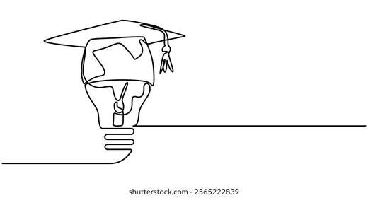 Light bulb and graduation cap continuous line drawn. Creative smart idea symbol. Vector illustration isolated on white, One continuous line drawing of Light Bulb with Graduation Hat. Lightbulb lamp. 