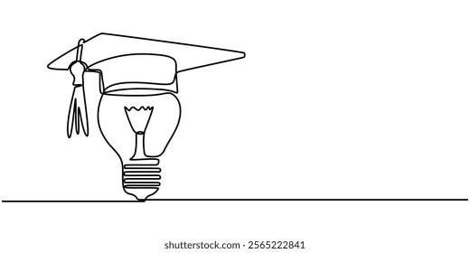 Light bulb and graduation cap continuous line drawn. Creative smart idea symbol. Vector illustration isolated on white, One continuous line drawing of Light Bulb with Graduation Hat. Lightbulb lamp. 