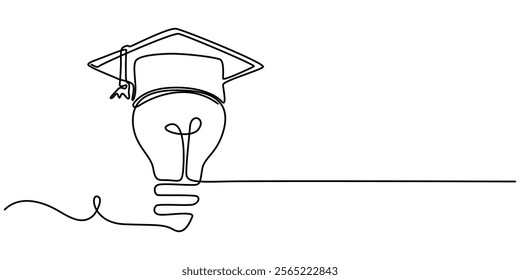 Light bulb and graduation cap continuous line drawn. Creative smart idea symbol. Vector illustration isolated on white, One continuous line drawing of Light Bulb with Graduation Hat. Lightbulb lamp. 