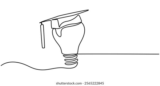 Light bulb and graduation cap continuous line drawn. Creative smart idea symbol. Vector illustration isolated on white, One continuous line drawing of Light Bulb with Graduation Hat. Lightbulb lamp. 