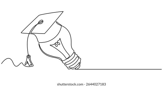 Light bulb and graduation cap continuous line drawn. Creative smart idea symbol. Vector illustration isolated on white, One single line drawing of bright lightbulb wearing graduation cap identity. 