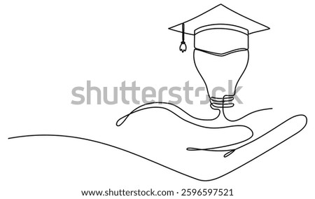 Light bulb and graduation cap in hand continuous line drawn. Creative smart idea symbol. Vector illustration isolated on white.