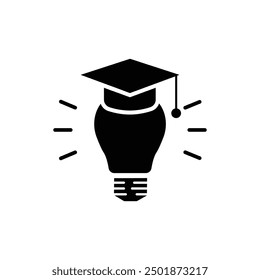 Icono de la bombilla y del casquillo de la graduación, idea del genio, educación de la creatividad, símbolo plano en el fondo blanco - Ilustración vectorial