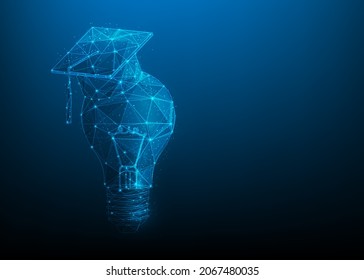 light bulb with graduation cap low poly wireframe. concept of learning and education. idea knowledge lamp symbol. isolated on blue dark background. vector illustration digital futuristic style.