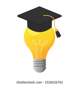 Light bulb and graduation cap on white background. Idea and education student. learning and knowledge symbols. Vector illustration in flat design.