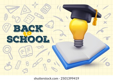 Bombilla con tapa de graduación y libro abierto. Composición de regreso a la escuela para Anuncio de fondo, portada, póster. Suministros de aprendizaje en estilo 3D con Elementos doodle. Ilustración vectorial.