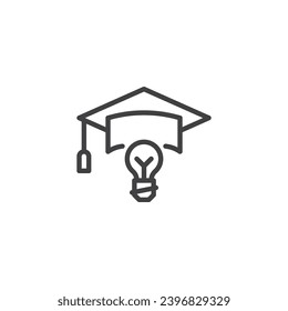 Light Bulb mit Graduation Hat Line Icon. lineares Stilzeichen für mobiles Konzept und Webdesign. Vektorsymbol für kreative Bildung Geniales Ideensymbol, Logo-Illustration. Vektorgrafik