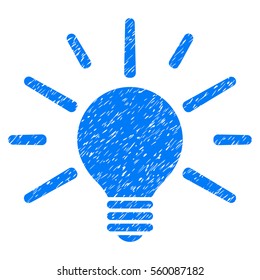 Light Bulb grainy textured icon for overlay watermark stamps. Flat symbol with dust texture. Dotted vector blue ink rubber seal stamp with grunge design on a white background.