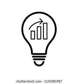 Light Bulb with Graph Icon. Use of creativity increases the level of income concept, simple design, stroke outline style. Line vector. Isolate on white background.