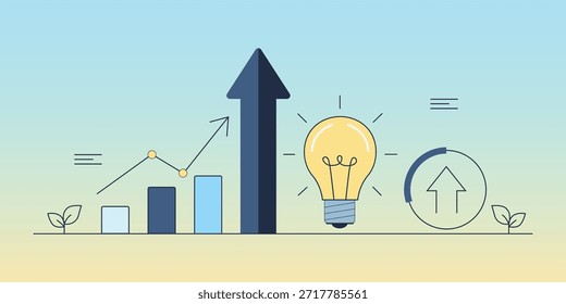 Uma lâmpada e um gráfico mostrando o crescimento. A lâmpada representa uma nova ideia, e o gráfico representa o crescimento da ideia.