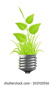 Light bulb with grass inside. Vector illustration, isolated on white.