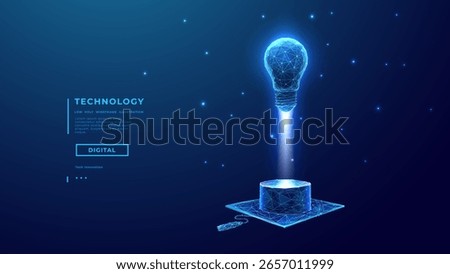 Light Bulb as Great Idea Symbol Launching Over Digital Opened Book. Education Start Up Concept. Low poly Wireframe Abstract Lamp Flies Over Book. Technology Background. Vector Tech Illustration