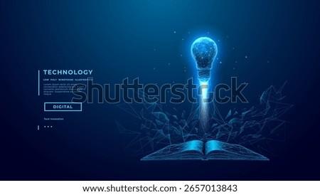 Light Bulb as Great Idea Symbol Launching Over Digital Opened Book. Education Start Up Concept. Low poly Wireframe Abstract Lamp Flies Over Book. Technology Background. Vector Tech Illustration.