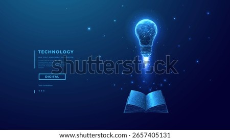 Light Bulb as Great Idea Symbol Launching Over Digital Opened Book. Education Start Up Concept. Low poly Wireframe Abstract Lamp Flies Over Book. Technology Background. Vector Tech Illustration.