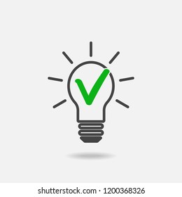 Light bulb and green checkmark vector icon. The symbol of the origin of the idea.  Flat image euro icon with shadow.  Layers grouped for easy editing illustration. For your design.