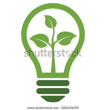 Light bulb, green color eco friendly energy icon with leaf. Sustainable, renewable, logo concept of green energy and environmental friendly sources graphic, isolated on white background.