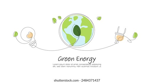 Light Bulb and Green Earth. Continuous line art drawing. Sustainable of Green Energy concept concept.  Line art vector illustration.