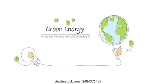 Light Bulb and Green Earth. Continuous line art drawing. Sustainable of Green Energy concept concept.  Line art vector illustration.