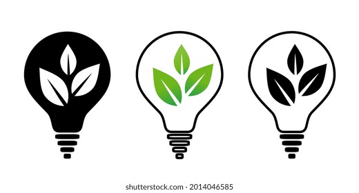 Light bulb with green leaf icon. Green electrical energy symbol, eco lightbulb sign, lamp and plant silhouette, renewable energy concept