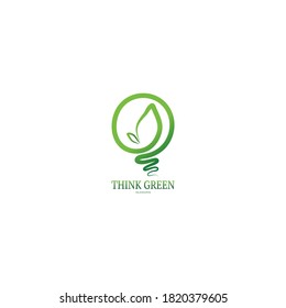 Light bulb and green leaf logo vector. Think green concept. White background.