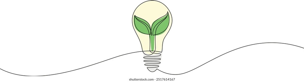 Light bulb with green leaves inside drawn by one continuous line. Single line doodle drawing of creative concept of Green energy and environmental friendly sources. Editable stroke.
