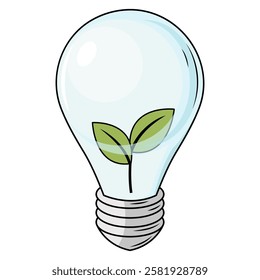 Light bulb with green leaves inside on a white background. Vector illustration