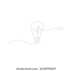 Light bulb with green leaves in one continuous line. Green energy concept that promotes environmentally friendly electricity.go green eco-friendly logo