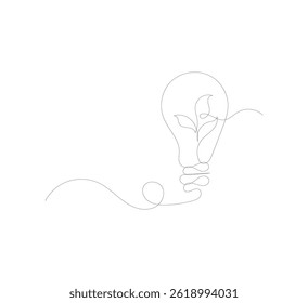 Light bulb with green leaves in one continuous line. Green energy concept that promotes environmentally friendly electricity.go green eco-friendly logo
