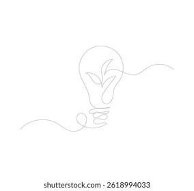 Light bulb with green leaves in one continuous line. Green energy concept that promotes environmentally friendly electricity.go green eco-friendly logo