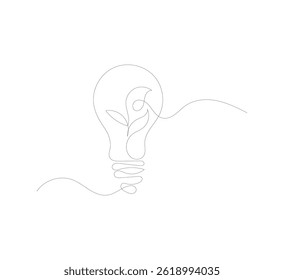 Light bulb with green leaves in one continuous line. Green energy concept that promotes environmentally friendly electricity.go green eco-friendly logo