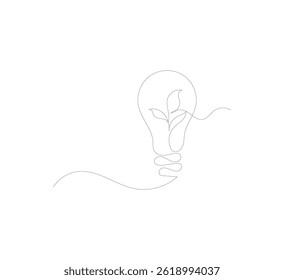 Light bulb with green leaves in one continuous line. Green energy concept that promotes environmentally friendly electricity.go green eco-friendly logo