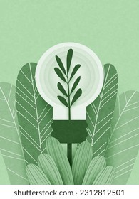 Light bulb and green leaves with recycle concept. Renewable energy for Green ecology and environment concept. Vector illustration.