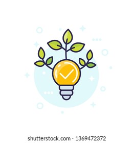 light bulb with green leaves, vector icon