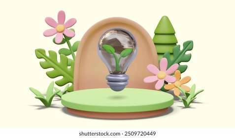 Light bulb with green plant on creative scene. Decorative floral elements