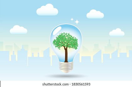 Light bulb with green tree inside in city buildings and blue sky background. Creative thinking for renewable Electric power production, green and clean energy resources to environment, ecology.