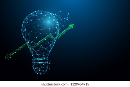 Light bulb and growing graph form lines, triangles and particle style design. Illustration vector