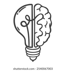 Glühbirne mit halb menschlichem Gehirnliniensymbol. Umreißen Sie handgezeichnetes kreatives Ideenwachstum in einem intelligenten Denkvermögen. Brainstorm und Erfindung, Lösungsmaskottchen, Gehirn und Lampe, Vektorgrafik