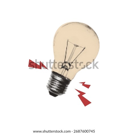 Light bulb halftone halftone element for cut out collage. Retro mixed media vector illustration isolated on transparent background.